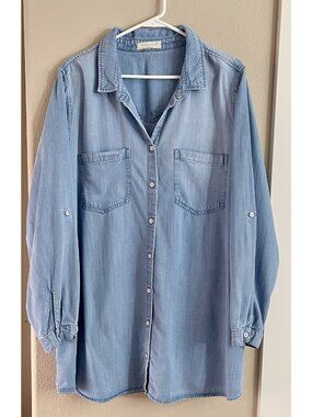 Side Stitch Chambray Shirt 2X Tencel Lyocell Light Wash Roll Tab Button Down EUC